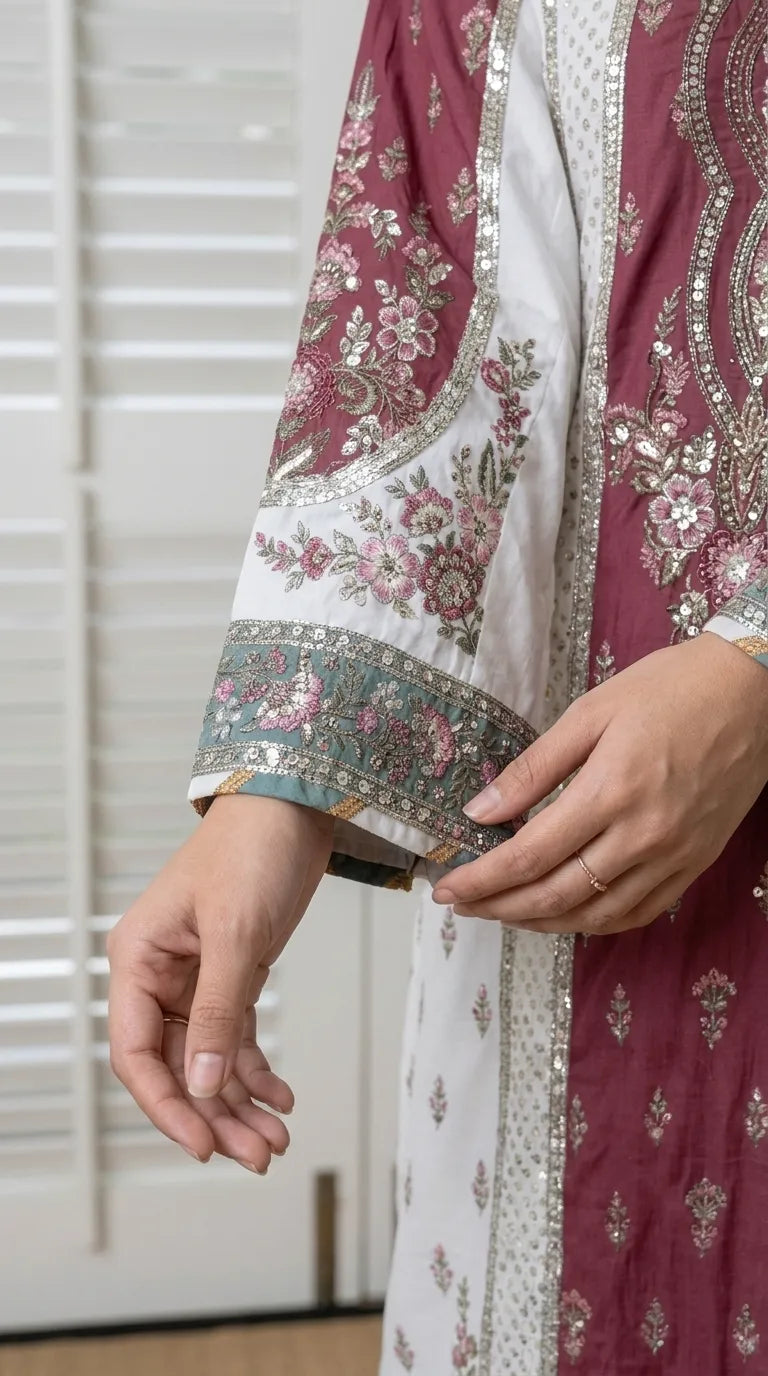 White Poly Khaddar Embroidered Kaftan PW629909
