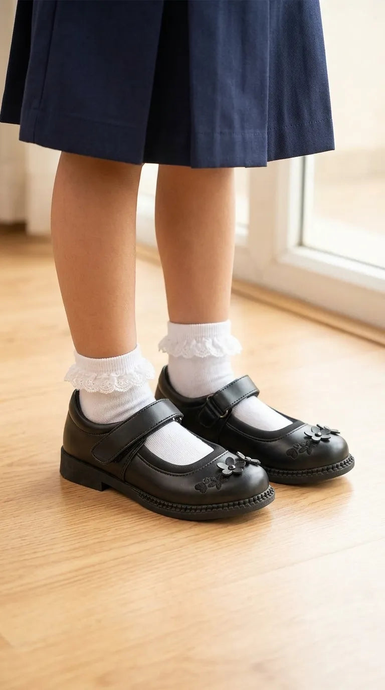 Girls Black Velcro Strap School Shoes SK0094
