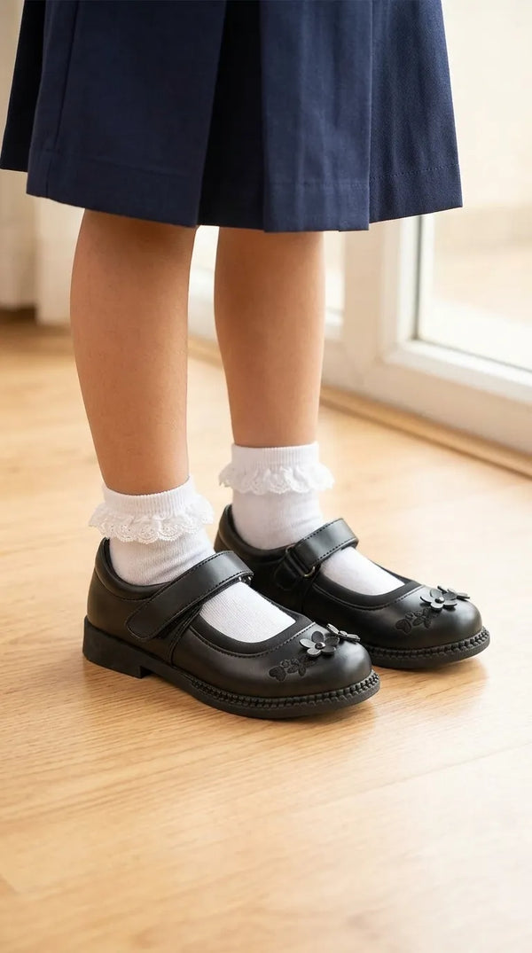 Girls Black Velcro Strap School Shoes SK0094