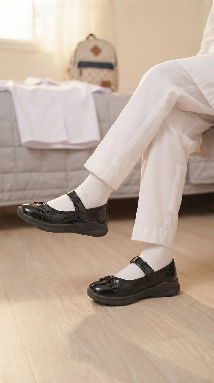 Girls Black Velcro Strap School Shoes SK0102