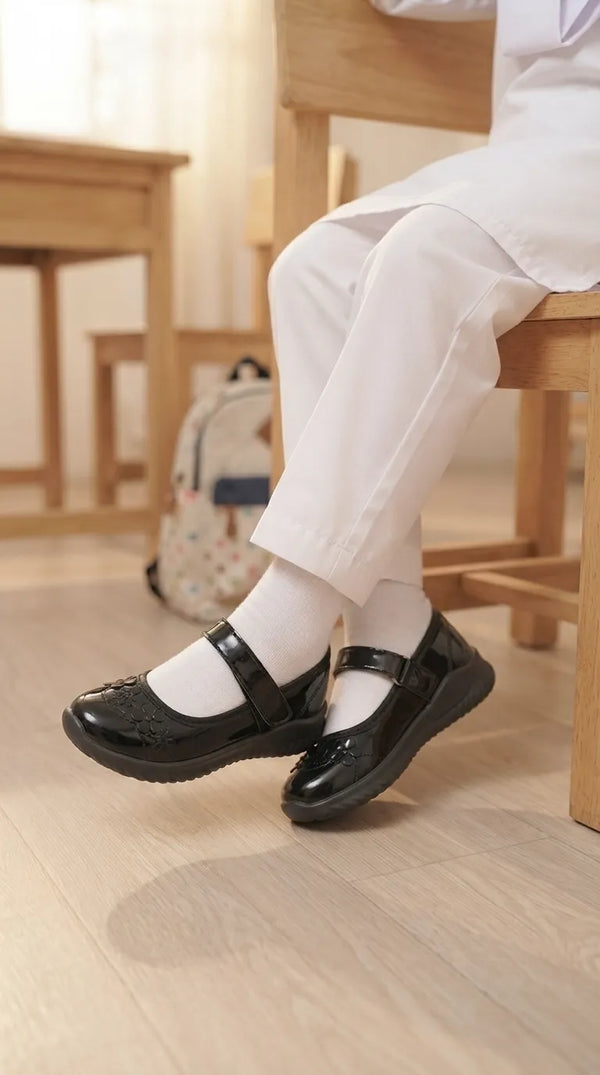 Girls Black Velcro Strap School Shoes SK0102