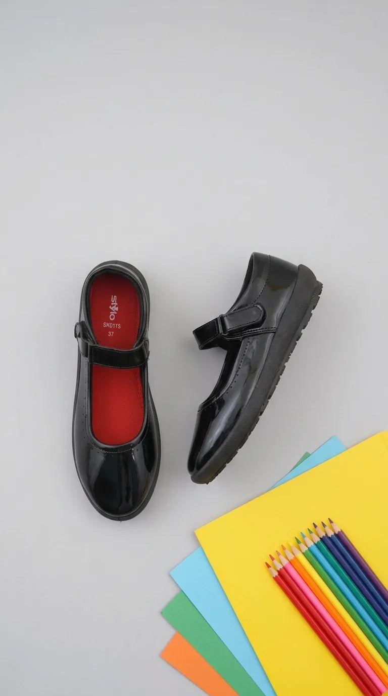 Girls Black Velcro Strap School Shoes SK0115