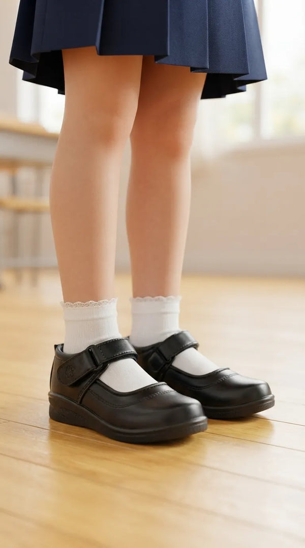Girls Black Velcro Strap School Shoes SK0136