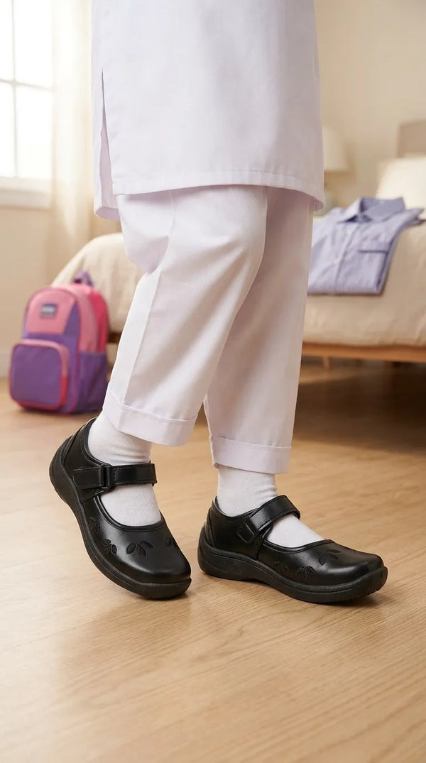 Girls Black Velcro Strap School Shoes SK0151