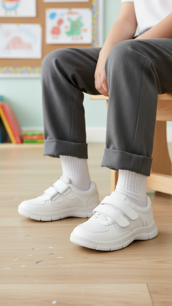 Boys White Dual Strap Schools Shoes SK1107
