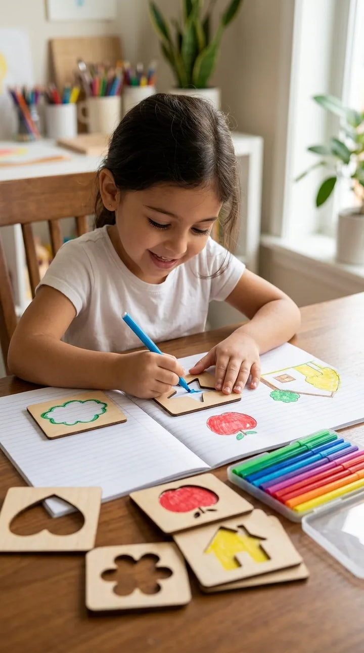 Kids Wooden Drawing Stencils Kit With Puzzle T7011662