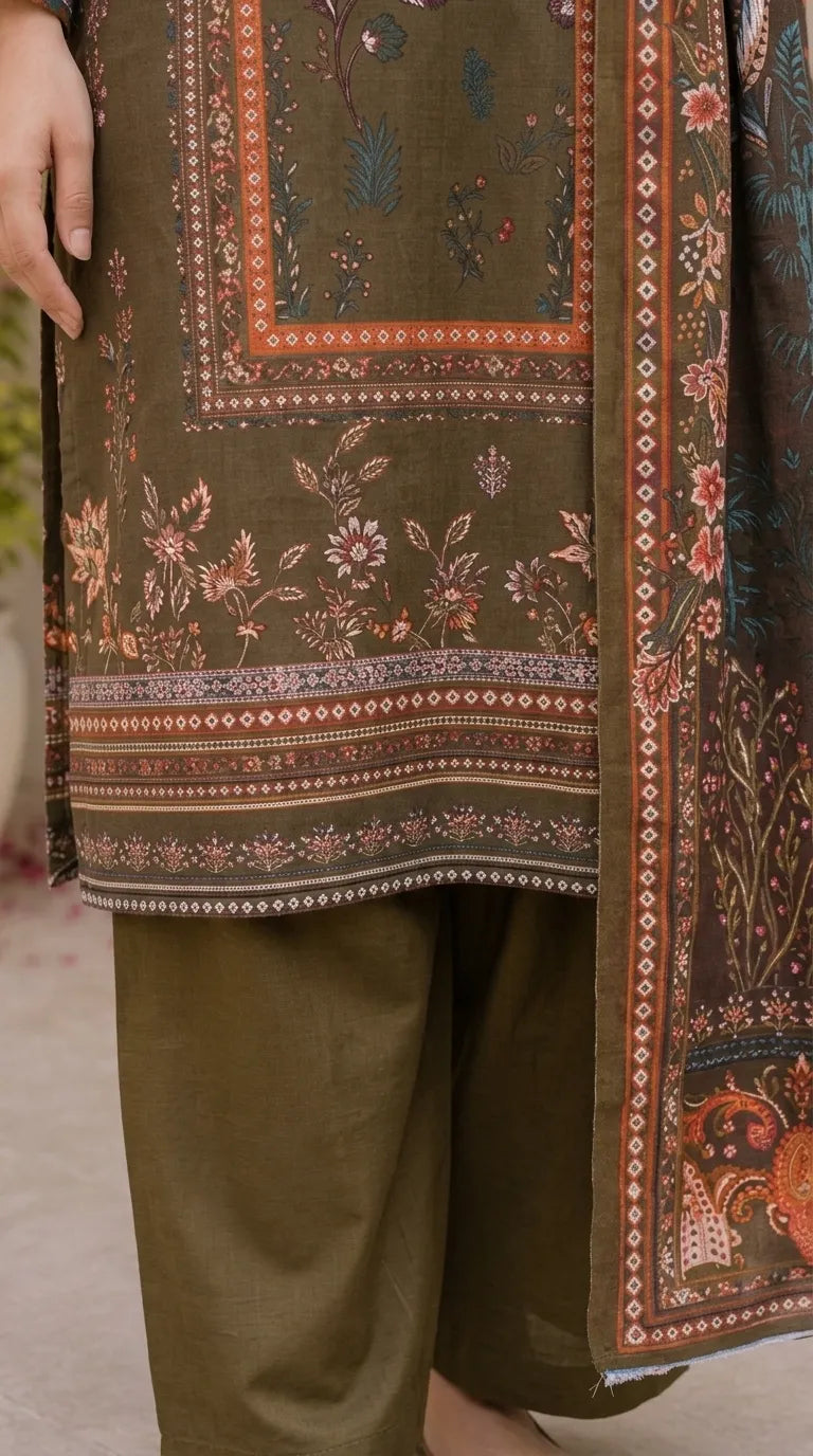 3 PC Unstitched Printed Raw Silk Suit US620011