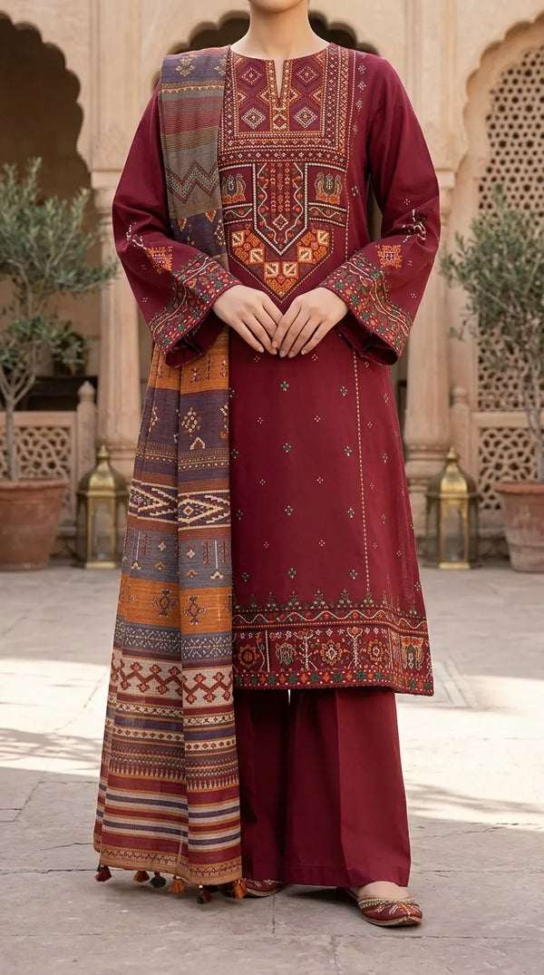 3 PC Unstitched Embellished Lawn Suit US624005