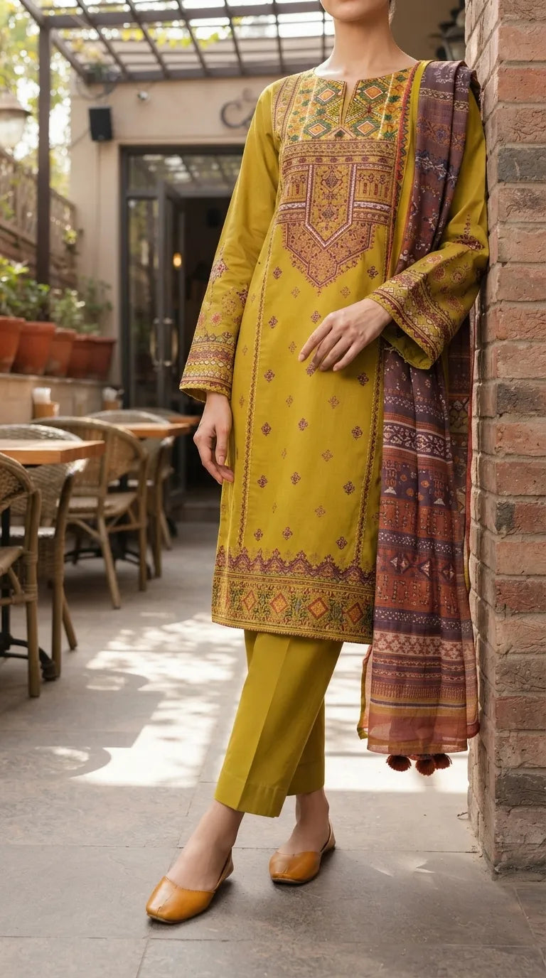 3 PC Unstitched Embellished Lawn Suit US624011