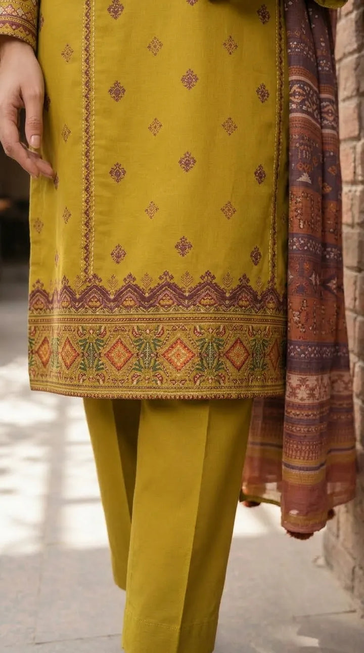 3 PC Unstitched Embellished Lawn Suit US624011
