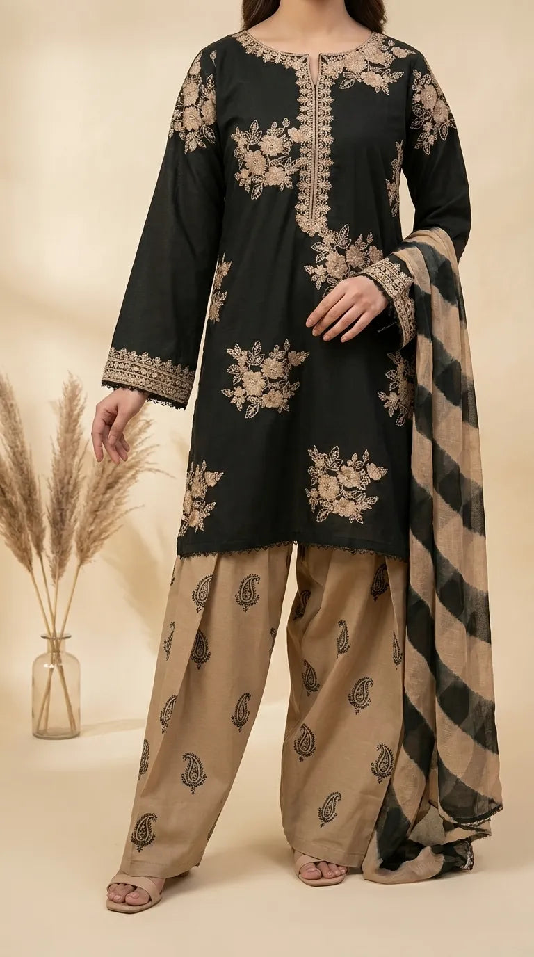 3 PC Unstitched Embellished Lawn Suit US624211