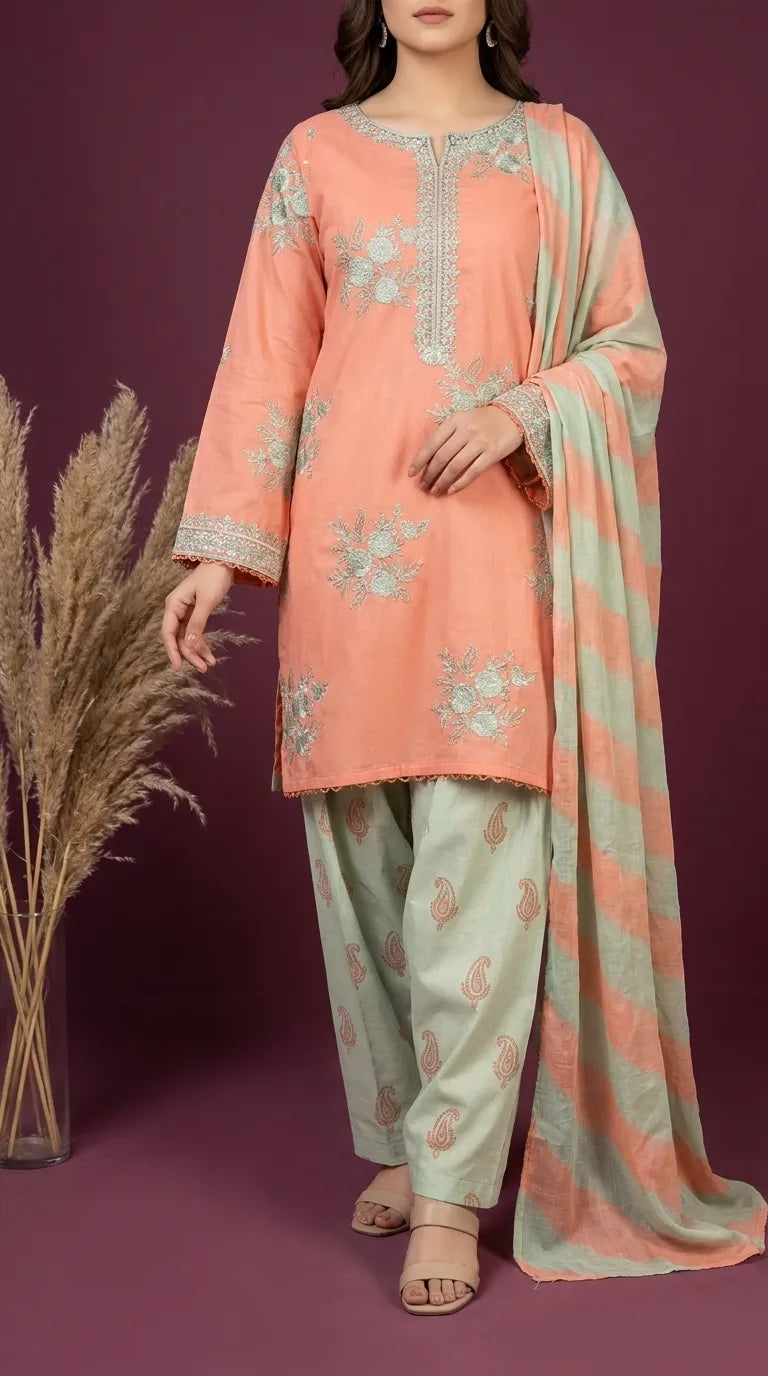 3 PC Unstitched Embellished Lawn Suit US624218