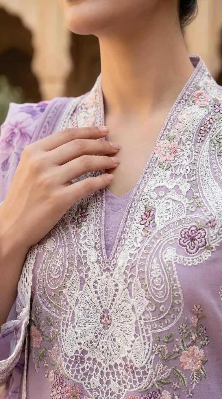 3 PC Unstitched Embellished Lawn Suit US624307