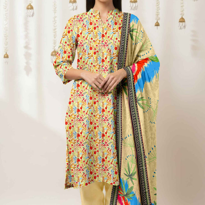 3PC- Unstitched Printed Cotton Cambric suit UW5095