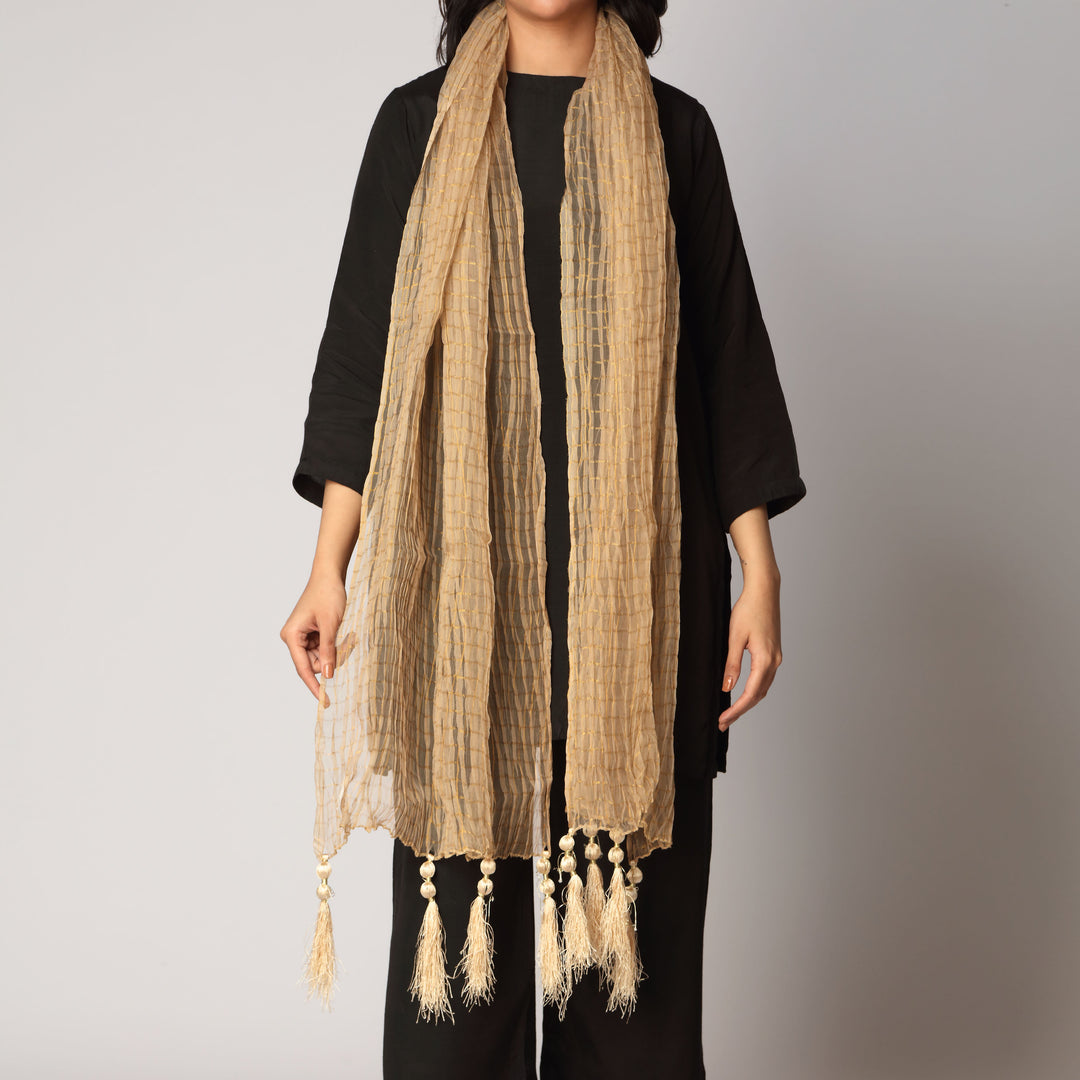 Beige Zari Checkered Stole PS3762